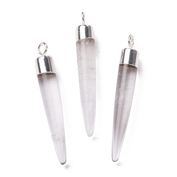 Natural Quartz Crystal Brass Pendants, Rock Crystal, Cadmium Free & Lead Free, Bullet Shaped, Silver Color Plated, 33~37x4~5mm, Hole: 2mm