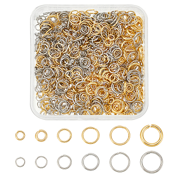 WADORN 1000Pcs 12 Styles 304 Stainless Steel Open Jump Rings, Round Ring, Golden & Stainless Steel Color, 4~9x0.6~1.5mm, Inner Diameter: 2.4~6.5mm