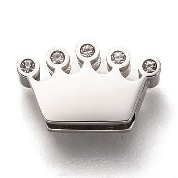 304 Stainless Steel Slide Charms, with Crystal Rhinestone, Crown, Stainless Steel Color, 13x8x3.5mm, Hole: 8x1.5mm