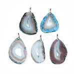 Dyed Natural Druzy Agate Slice Big Pendants, Teardrop Charms with Stainless Steel Snap On Bails, Stainless Steel Color, Light Blue, 60~75x30~50x5~6.5mm, Hole: 5x3.5mm(G-N344-44)