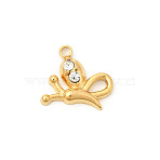 304 Stainless Steel Rhinestone Pendants, Butterfly Charms, Ion Plating(IP), Real 18K Gold Plated, 11x13x3mm, Hole: 1.6mm(STAS-P431-11G)