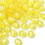 150Pcs Transparent Acrylic Beads, Horizontal Hole, Mixed Letters, Flat Round, Yellow, 7x4mm, Hole: 1.5mm(TACR-YW0002-32G)