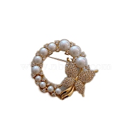 Alloy Rhinestone Brooch, with Plastic Imitation Pearl Beads, Butterfly, 38x42mm(PW-WG78135-01)