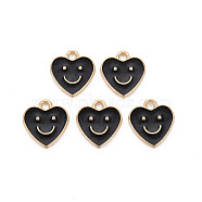 Alloy Enamel Charms, Cadmium Free & Lead Free, Light Gold, Heart with Smile, Black, 13x12x1.5mm, Hole: 1.6mm(ENAM-T016-12B-RS)