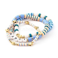 Handmade Polymer Clay Beads Stretch Bracelets Sets, with Brass Beads and Acrylic Enamel Beads, HAPPY, Sky Blue, Inner Diameter: 2-1/8 inch(5.5cm), 3pcs/set(BJEW-JB06353-02)