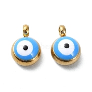 Ion Plating(IP) Real 18K Gold Plated 201 Stainless Steel Charms, with Enamel, Evil Eye Charms, Deep Sky Blue, 8x5.5x4mm, Hole: 1.6mm(STAS-L024-020G-02)