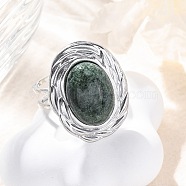 Oval Natural Moss Agate Finger Rings, 304 Stainless Steel Cuff Rings for Women, Stainless Steel Color, oval: 22x17.5mm, Adjustable(RJEW-M063-01P-08)