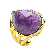 Teardrop Natural Amethyst Open Cuff Rings, Golden Plated Brass Ring for Unisex, 24.5mm, Inner Diameter: Adjustable(RJEW-C087-01G-03)