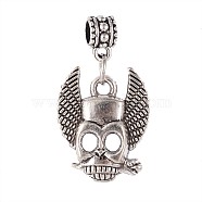 Skull Tibetan Style Alloy European Dangle Charms, Large Hole Pendants, Antique Silver, 35mm, Hole: 5mm(PALLOY-I116-35AS)