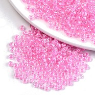 8/0 Glass Seed Beads, Inside Colours, Round Hole, Round, Transparent Colours Rainbow, Pearl Pink, 8/0, 3~4x2~3mm, Hole: 0.8mm, about 1666pcs/50g(X-SEED-A016-3mm-204)