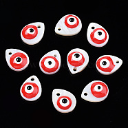Natural Freshwater Shell Charms, with Enamel, Teardrop with Evil Eye, Red, 10.5x8x3~4mm, Hole: 1.2mm(SHEL-T017-42E)
