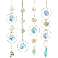 4Pcs Metal Ring & Sun Hanging Ornaments Set, Rainbow Maker, Teardrop/Cone Glass Tassel Suncatchers for Home Garden Decoration, Colorful, 400~500mm(PW-WG46035-01)