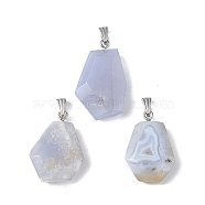Natural Blue Lace Agate Pendants, Faceted Polygon Charms, with Stainless Steel Color Plated 201 Stainless Steel Snap on Bails, 21~29x16~23x6~8mm, Hole: 2x7mm(G-F739-02P-02)