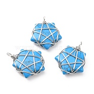 Synthetic Turquoise Pendants, with Platinum Tone Copper Wire Wrapped, Cadmium Free & Lead Free, Dyed, Star, 37~41x29~31x9~11mm, Hole: 4.5~6mm(G-D458-07P-07-RS)
