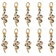 10Pcs Brass Micro Pave Cubic Zirconia Pendants, with Jump Rings, Long-Lasting Plated, Snake, Colorful, Golden, 18x6x2mm, Hole: 3mm(ZIRC-SZ0002-86)