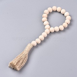 Pine Wood Bead Garlands, with Hemp Rope Tassels, Wooden Bead String Wall Hanging, for Home Decoation, Blanched Almond, 28cm(AJEW-WH0109-79A-01)