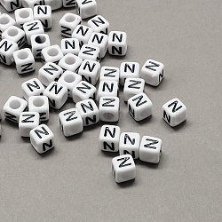 Large Hole Acrylic Letter European Beads, Horizontal Hole, White & Black, Cube with Letter.N, 6x6x6mm, Hole: 4mm, about 2950pcs/500g(SACR-Q103-6mm-01N)