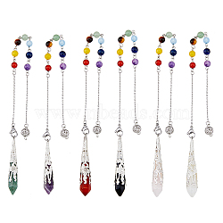 1 Set 7 Chakra Hexagon Prism Gemstone Pointed Dowsing Pendulums, Faceted Bullet Gems Charms, with 304 Stainless Steel Cable Chains, Stainless Steel Color, 270~275mm, pendant: 53~58x9x8mm, Hole: 3mm, 1pc/style, 6pcs/set(FIND-FH0006-88)