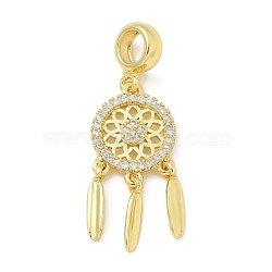 Brass Clear Cubic Zirconia Woven Web/Net with Feather European Dangle Charms, Large Hole Pendants, Rack Plating, Long-Lasting Plated, Rack Plating, Lead Free and Cadmium Free, Real 18K Gold Plated, 33mm, Hole: 4.5mm(KK-U050-01G)