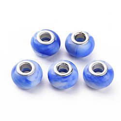 Opaque Resin European Beads, Large Hole Beads, Imitation Gemstone Style, with Silver Tone Brass Double Cores, Rondelle, Blue, 14x9.5mm, Hole: 5mm(RPDL-T003-005E)