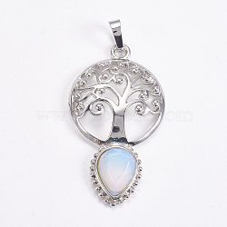 Brass Pendants, Opalite, Faceted, Hollow Flat Round with Tree of Life and Teardrop, Platinum, 49x27x6mm(G-G743-A06)