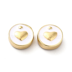 Rack Plating Alloy Enamel Beads, Flat Round with Heart, Golden, White, 10~10.5x4.5mm, Hole: 1.5mm(ENAM-F146-14G)