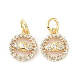 Brass Cubic Zirconia Charms, with Jump Ring, Long-Lasting Plated, Lead Free & Cadmium Free, Flat Round with Eye Pattern, Real 18K Gold Plated, 11x9x2.8mm(ZIRC-C022-11G)