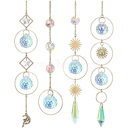 4Pcs Metal Ring & Sun Hanging Ornaments Set, Rainbow Maker, Teardrop/Cone Glass Tassel Suncatchers for Home Garden Decoration, Colorful, 400~500mm(PW-WG46035-01)