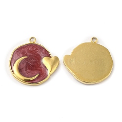 Real 18K Gold Plated 304 Stainless Steel Pendants, with Enamel, Flat Round with Moon & Heart Charm, Dark Red, 17.5x17x2mm, Hole: 1.4mm(STAS-A084-25G-03)