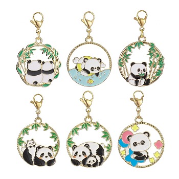 Round Ring with Panda Alloy Enamel Pendant Decorations, with 304 Stainless Steel Lobster Claw Clasps, Mixed Color, 40.5~41.5mm, 6pcs/set