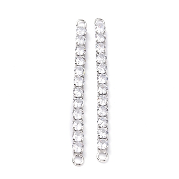 Brass Clear Round Cubic Zirconia Links Connectors, Long-Lasting Plated, Rectangle, Real Platinum Plated, 58x4x3.5mm, Hole: 2.5mm