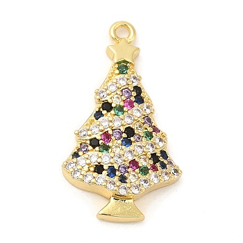 Rack Plating Brass Pave Cubic Zirconia Pendants, Long-Lasting Plated, Cadmium Free & Lead Free, Christmas Tree, Real 18K Gold Plated, 23.5x13x3.5mm, Hole: 1.2mm