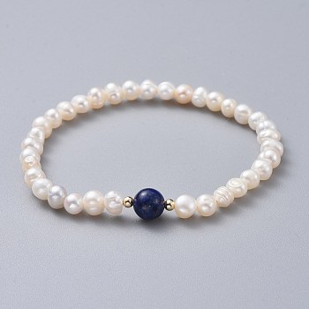 Stretch Grade A Natural Freshwater Pearl Bracelets, with Natural Lapis Lazuli(Dyed) Beads and Brass Beads, 2 inch(5.1cm)