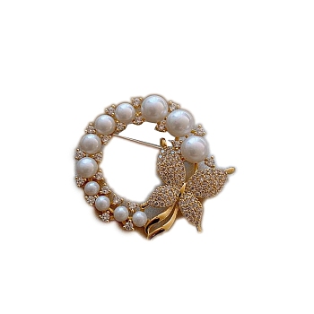 Alloy Rhinestone Brooch, with Plastic Imitation Pearl Beads, Butterfly, 38x42mm