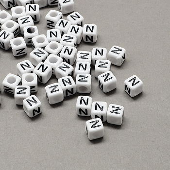 Large Hole Acrylic Letter European Beads, Horizontal Hole, White & Black, Cube with Letter.N, 6x6x6mm, Hole: 4mm, about 2950pcs/500g