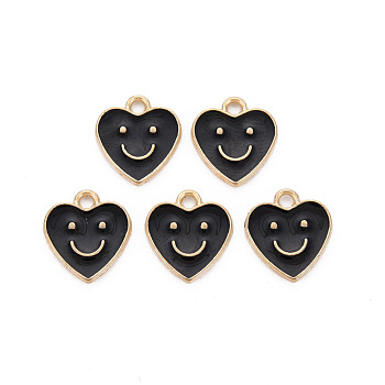 Alloy Enamel Charms, Cadmium Free & Lead Free, Light Gold, Heart with Smile, Black, 13x12x1.5mm, Hole: 1.6mm