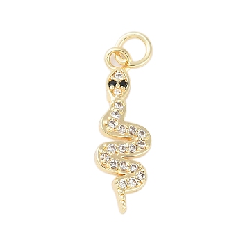 Rack Plating Brass Clear Cubic Zirconia Pendants, with Jump Ring, Long-Lasting Plated, Lead Free & Cadmium Free, Snake, Real 18K Gold Plated, 22.5x7x2mm, Hole: 3mm