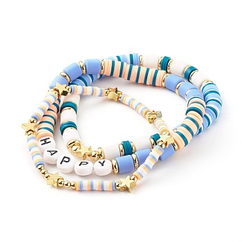 Handmade Polymer Clay Beads Stretch Bracelets Sets, with Brass Beads and Acrylic Enamel Beads, HAPPY, Sky Blue, Inner Diameter: 2-1/8 inch(5.5cm), 3pcs/set