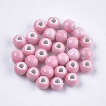 Handmade Porcelain Beads, Bright Glazed Porcelain Style, Round, Pink, 6~7x5.5~6mm, Hole: 2~2.5mm