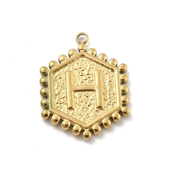 201 Stainless Steel Pendants, Golden, Hexagon with Letter Charm, Letter H, 21x16.5x2mm, Hole: 1.5mm