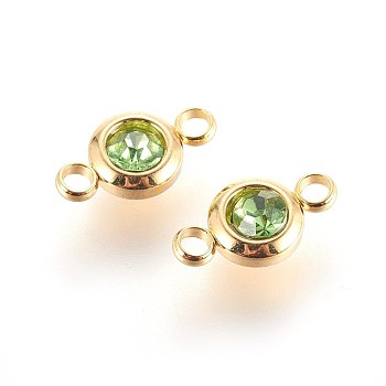 304 Stainless Steel Rhinestone Links connectors, Flat Round, Golden, Peridot, 12x6.5x4mm, Hole: 2mm