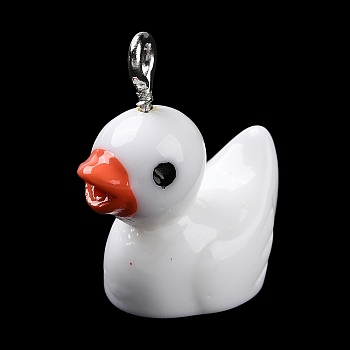 Opaque Resin Cartoon Pendants, Duck Charms with Platinum Tone Iron Loops, White, 21.5x17x11.5mm, Hole: 2.3mm