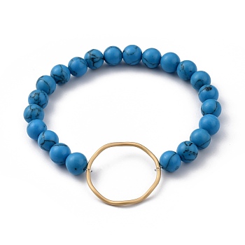 Round Synthetic Turquoise(Dyed) Stretch Beaded Bracelets, Link Bracelets, with Matte Gold Color Plated Alloy Linking Ring, Inner Diameter: 2-3/8 inch(6.2cm)