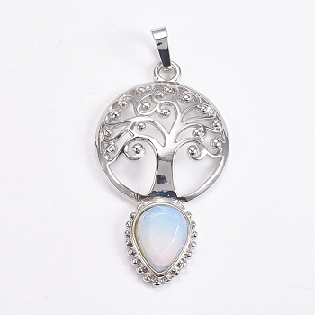 Brass Pendants, Opalite, Faceted, Hollow Flat Round with Tree of Life and Teardrop, Platinum, 49x27x6mm