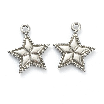 304 Stainless Steel Charms, Star, Stainless Steel Color, 14.5x12x2mm, Hole: 1.2mm