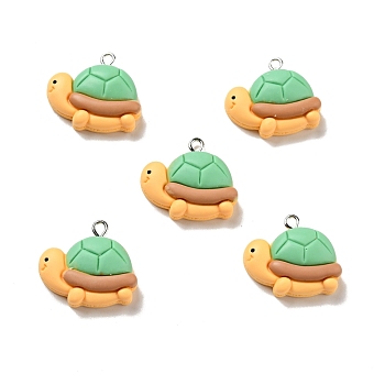 Opaque Resin Pendants, Turtle Charm, with Platinum Tone Iron Loops, Light Green, 22x24x8mm, Hole: 2x2.1mm