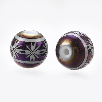 Electroplate Glass Beads, Round with Flower Pattern, Purple, 8mm, Hole: 1mm, 300pcs/bag