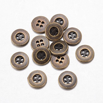 Alloy Buttons, 4-Hole, Flat Round, Tibetan Style, Antique Bronze, 18x2mm, Hole: 1mm