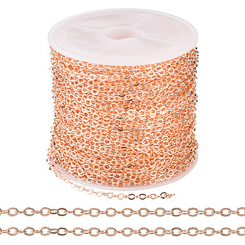 Brass Coated Iron Flat Cable Chains, Soldered, with Spool, Flat Oval, Rose Gold, 2.5x2x0.3mm, about 32.81 Feet(10m)/Roll