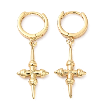Rack Plating Brass Cross Hoop Earrings, Lead Free & Cadmium Free, Real 18K Gold Plated, 35mm